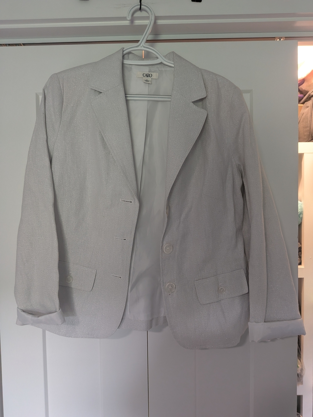 Cato Three Button Size 12 White And Silver Blazer Linen & Rayon Blend